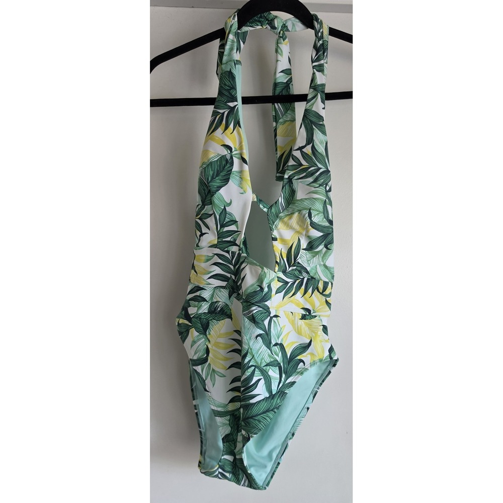 Adore Me One-piece Halter Swimsuit M Green Yellow Tropical Leaf Resort Swimwear